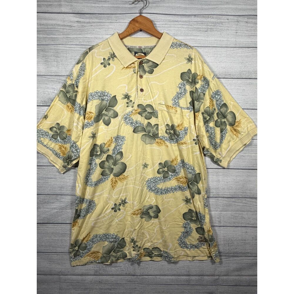 Vintage Tommy Bahama Men's XL Yellow Floral Tropical Cotton Polo Shirt 1429